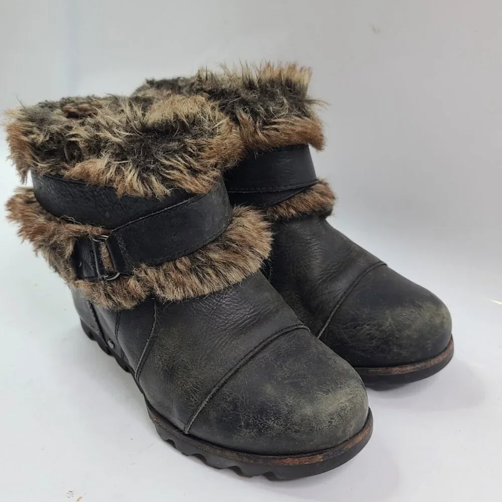 Sorel Women's Black Joan Of Arctic Wedge Fur Leather Ankle Winter Boots Size 6.5